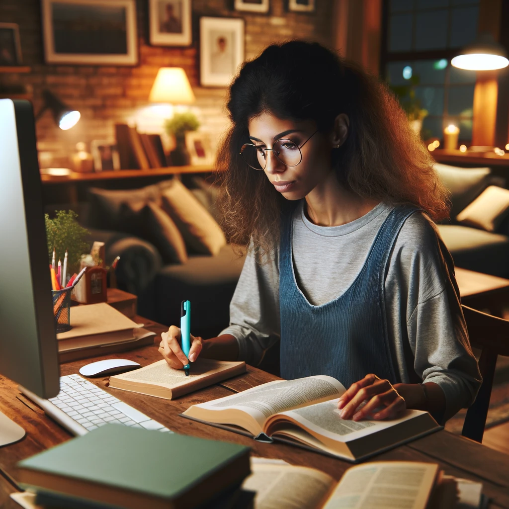 A diverse female social worker studying for an exam in a cozy home environment. The scene captures a warm, homely atmosphere with comfortable furniture and personal touches, providing a perfect setting for focused study.