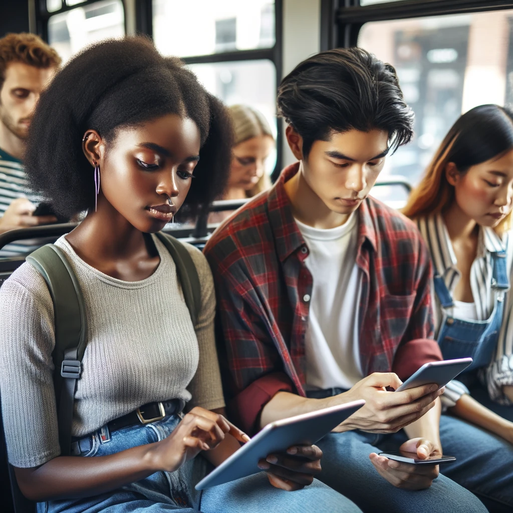 A diverse group of students studying on a mobile app while riding on a bus.