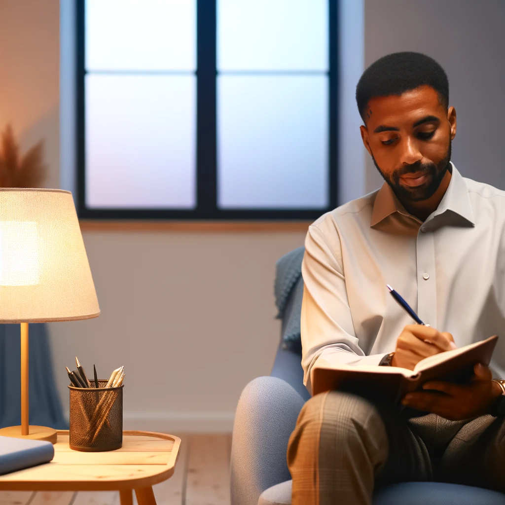 a diverse male social worker practicing journaling in a reflective environment. They capture the peaceful and thoughtful atmosphere essential for effective reflection.