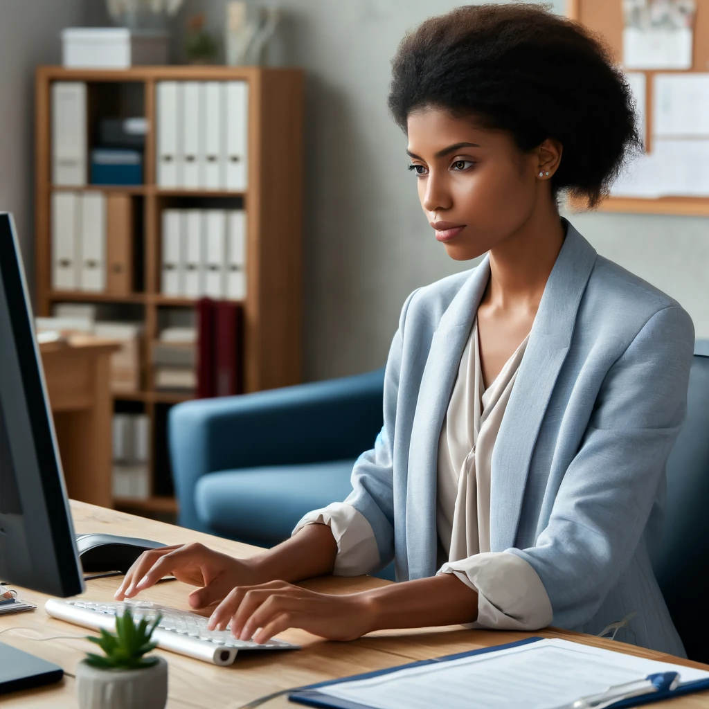 A diverse social worker, a Black woman, documenting a recent case on her computer in an office setting.