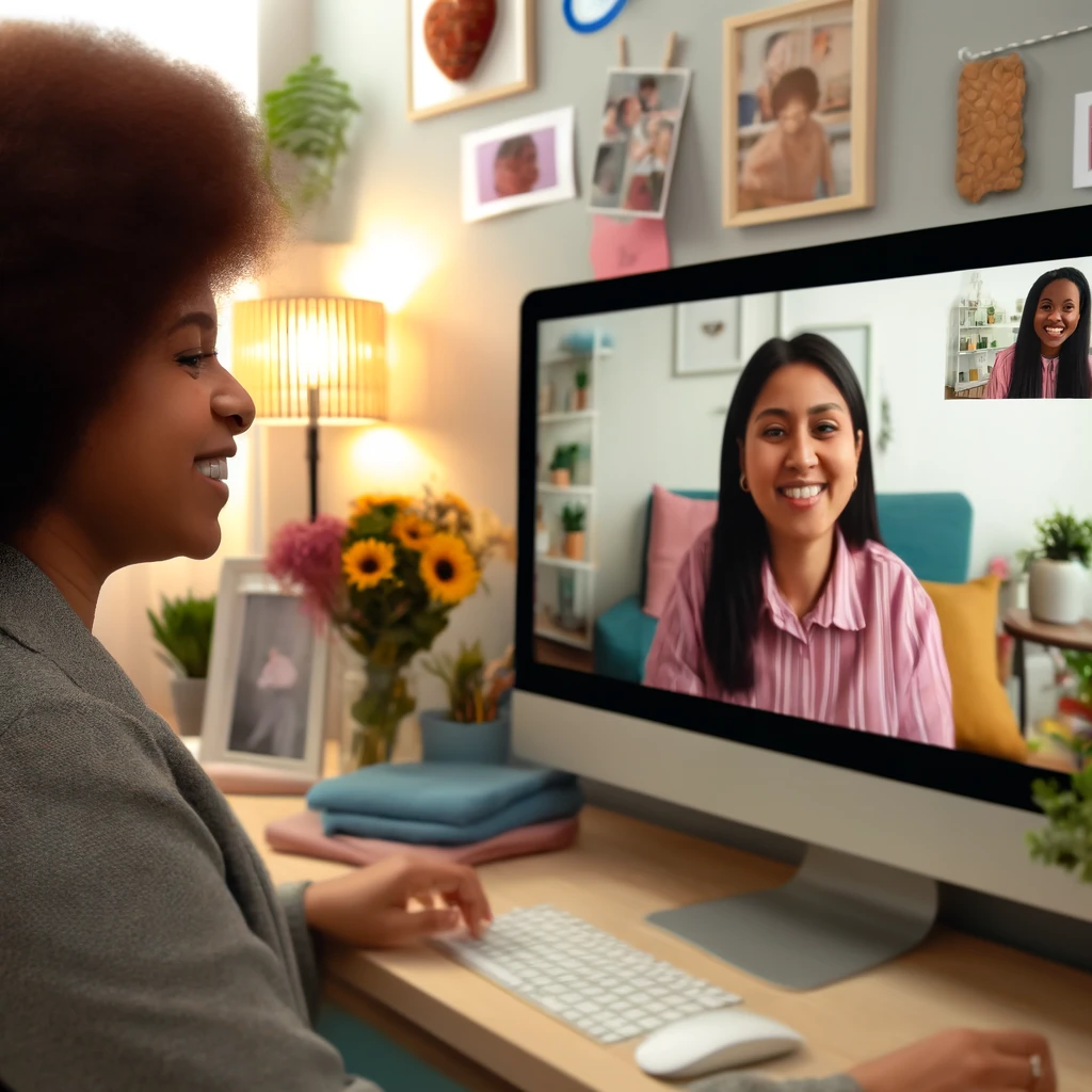 A diverse social worker on a video call with another social worker, viewed from the perspective of the person on the side of the computer. The setting is cozy and informal, emphasizing the supportive and friendly nature of the mentorship relationship.