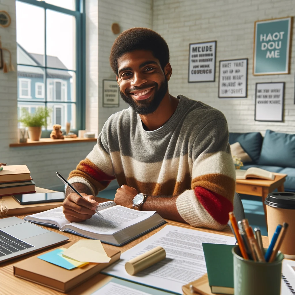 a diverse social worker maintaining a positive attitude while studying for an exam. It perfectly captures the essence of a motivating and inspiring study environment.