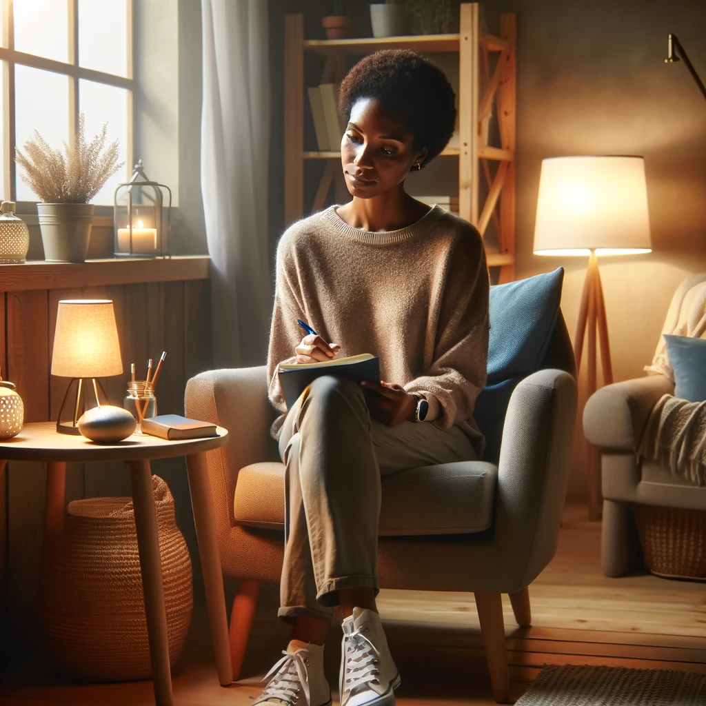 A diverse social worker reflecting in a comfortable, quiet space. It captures the serene and thoughtful atmosphere conducive to effective reflection.