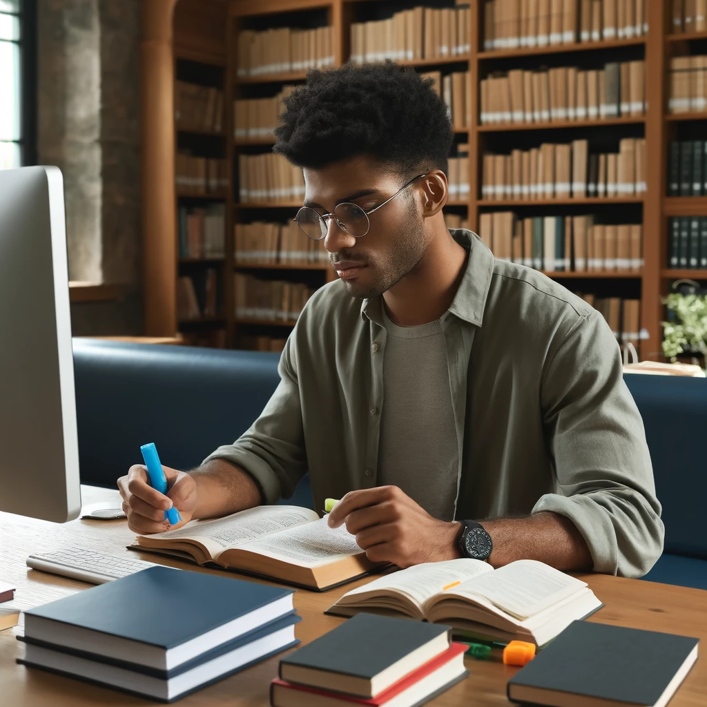 A diverse social worker studying for an exam in front of a computer in a library environment. The scene captures focused study with books and notes spread out on the desk, providing a welcoming and academic atmosphere.