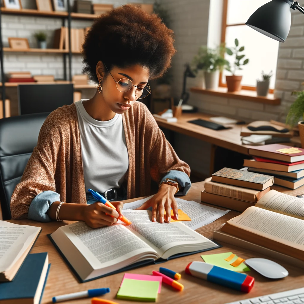 A diverse social worker practicing active reading strategies while studying for an exam. The scene captures focused engagement with tools like a highlighter, margin notes, and sticky notes in a well-organized study space.