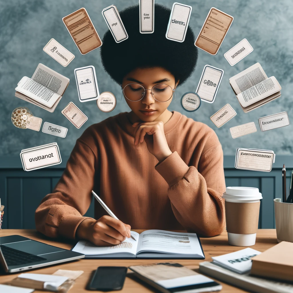 A diverse social worker studying for an exam using flashcards. The person is in a focused, modern study environment with flashcards spread out on a table, along with a cup of coffee, a notebook, and a laptop, creating a realistic and relatable study scene. The image reflects diversity in terms of ethnicity and appearance.