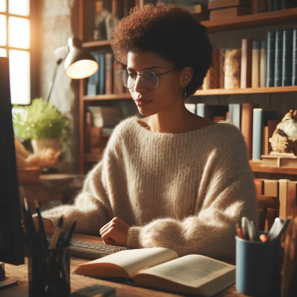 A middle-aged African woman, studying in a warm and inviting library environment. The setting emphasizes a serene and focused study space.