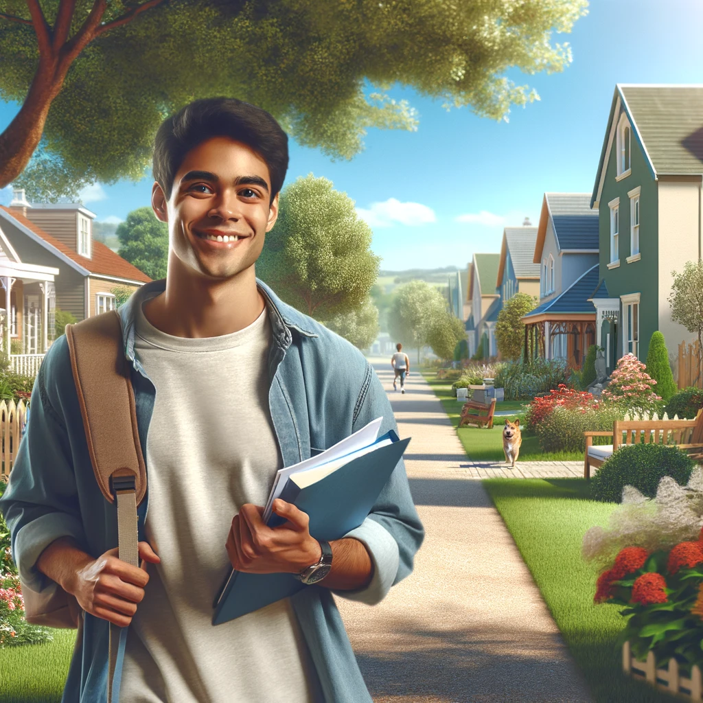 a diverse social worker taking a break from studying and going for a walk in a peaceful neighborhood. This image beautifully captures the essence of a relaxing and rejuvenating break.