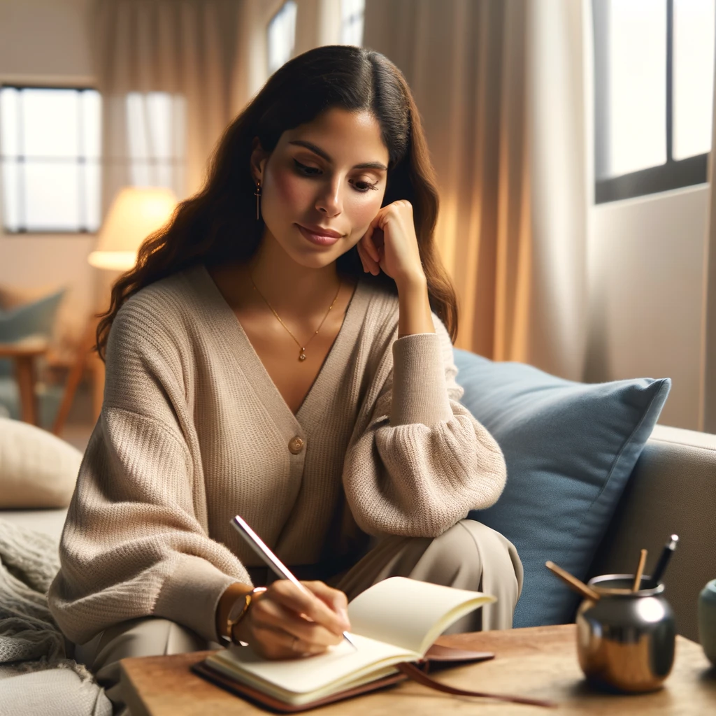 a female Hispanic social worker reflecting on how to manage stress and anxiety. The serene and cozy environment emphasizes the thoughtful and reflective moment.