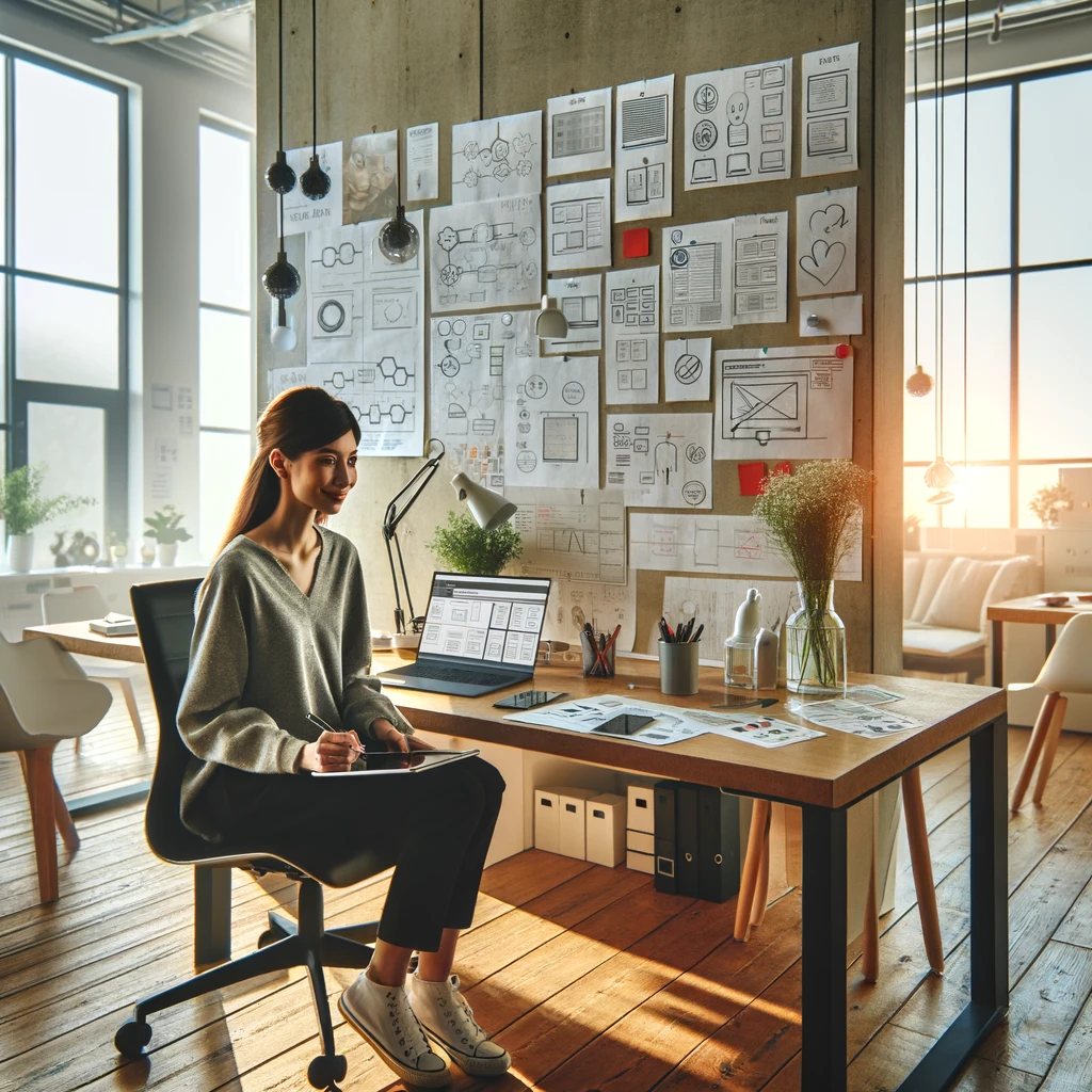 A female User Experience (UX) Researcher working in a modern office, conducting a user interview in a creative and professional environment.