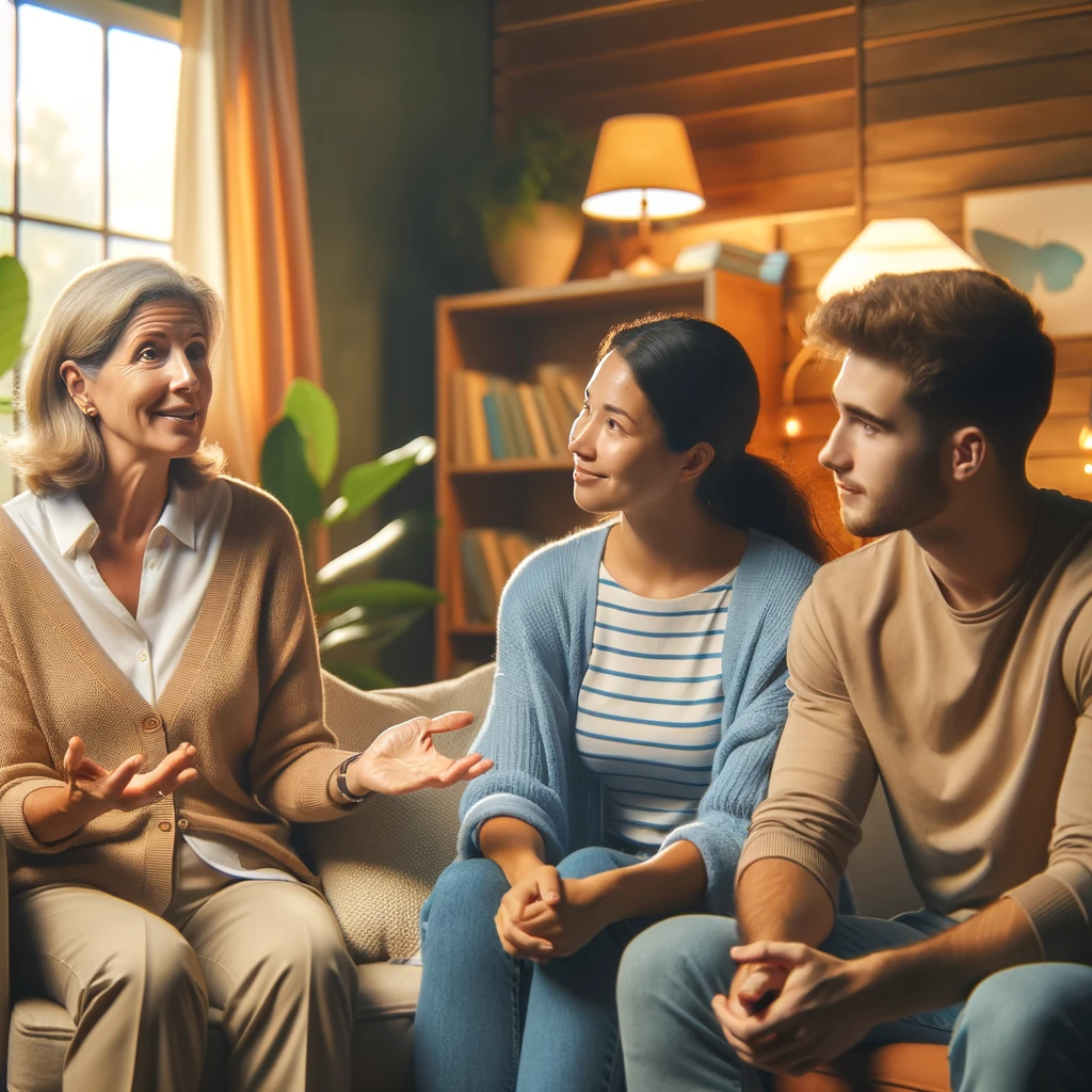 A friendly social worker educating a couple in a warm and inviting therapy office. The setting is designed to create a comfortable and supportive atmosphere.