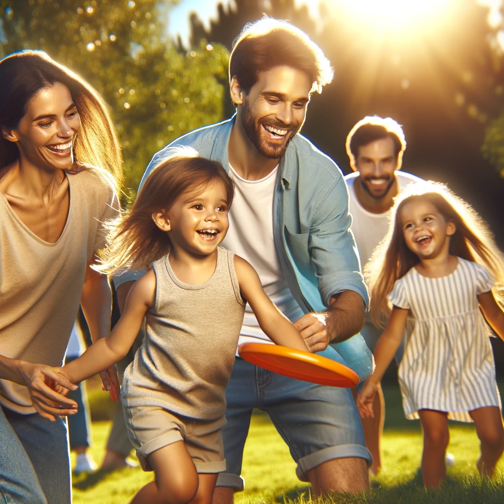 A happy family playing together in a sunny park. The scene captures the joyful interaction between the parents and their two children.