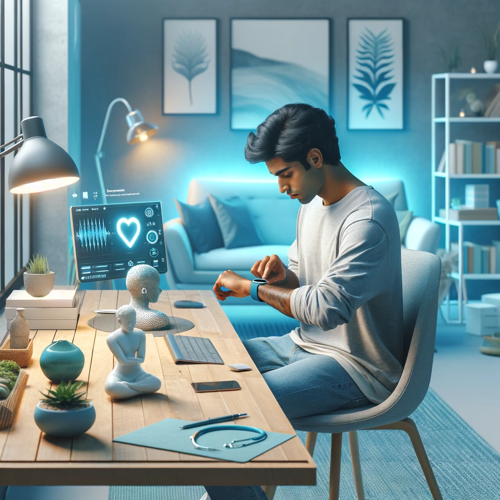 A diverse social worker utilizing AI-driven stress management tools in a serene office environment designed to promote relaxation and mental wellness.