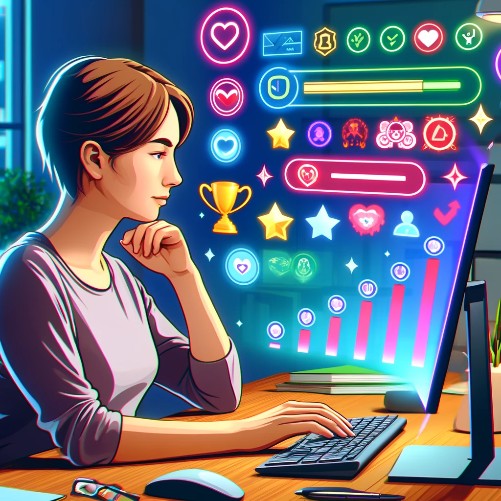 A woman at her desk, engaged with various gamification elements on her computer, enhancing her study session with interactive features.