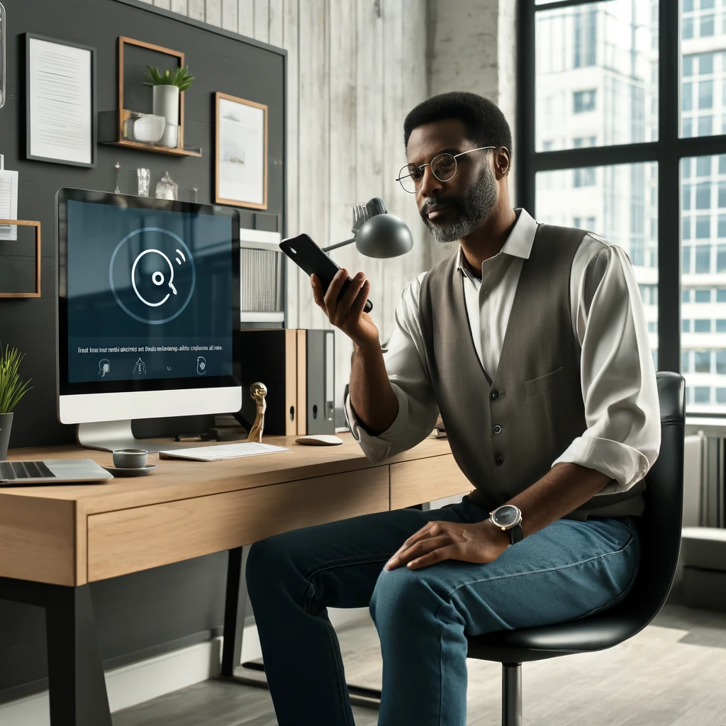 A diverse social worker using a mobile app through spoken verbal commands in a modern office setting.