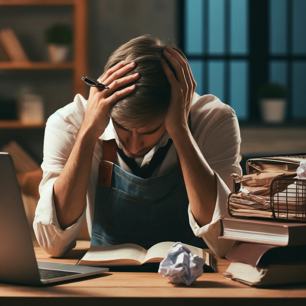A social worker experiencing stress while studying, depicted with a headache. The image effectively conveys the sense of stress and discomfort that can occur during intense study sessions.