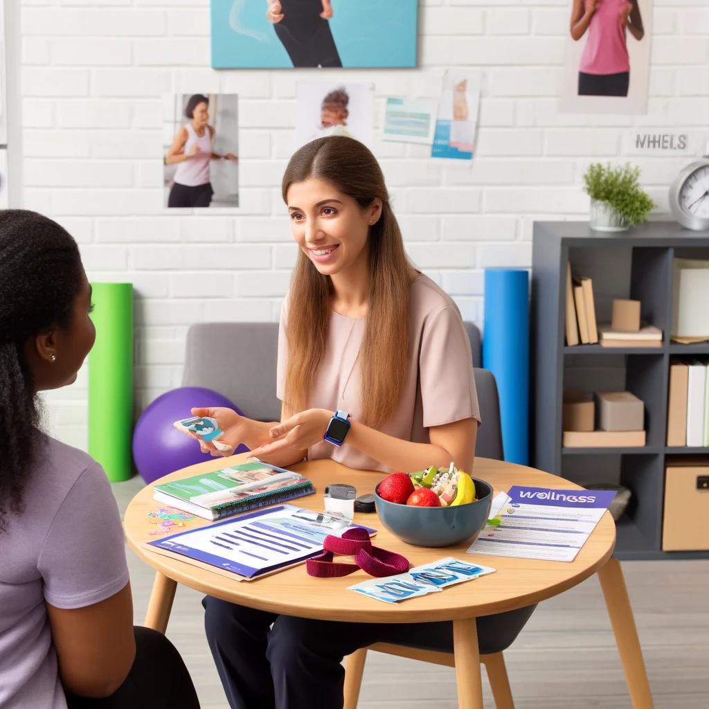 Social workers serving as health coaches, helping individuals achieve their wellness goals through personalized support and guidance. The scenes capture a supportive and encouraging atmosphere with holistic wellness elements.