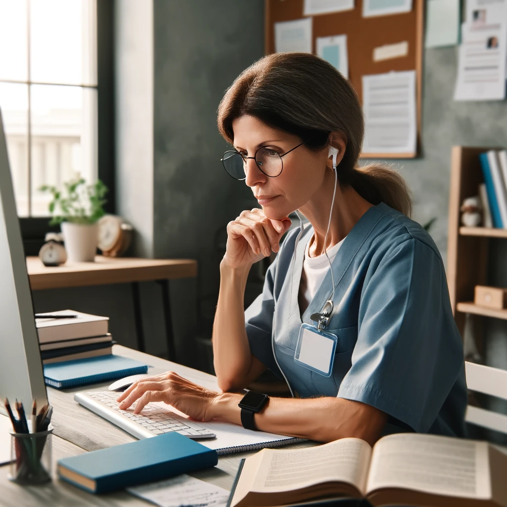 A social worker deeply focused on studying for an exam at a computer, filtering out distractions to concentrate.