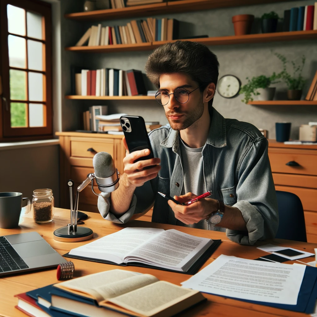 A social worker speaking directly into their smartphone while studying
