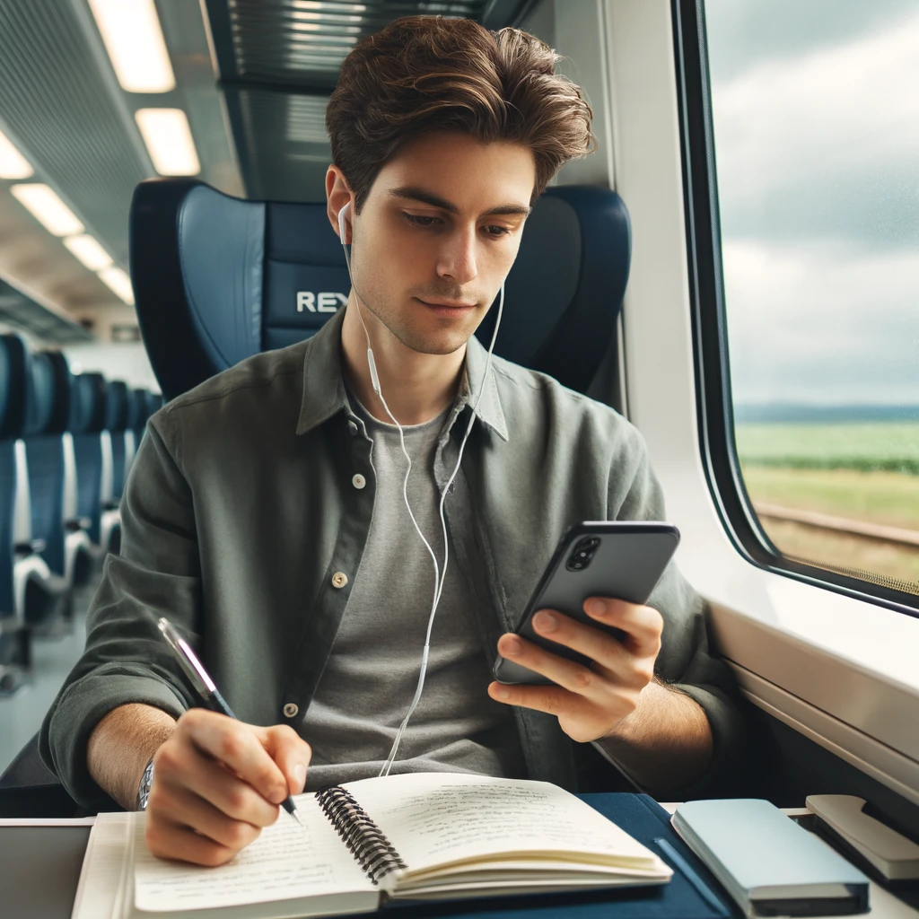A social worker studying for an exam on their phone while traveling on a train