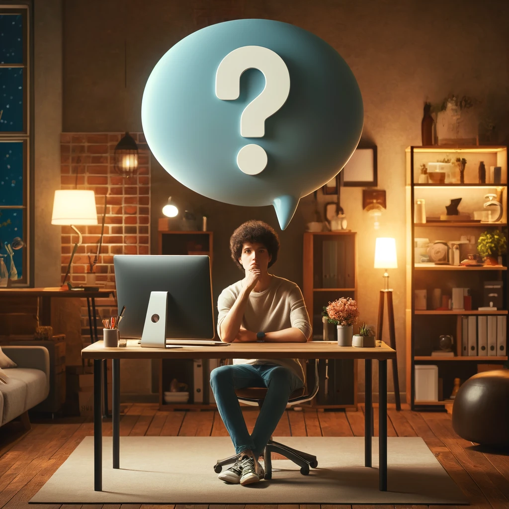 A social worker sitting in front of a computer with a question thought bubble above their head, set in a casual and cozy environment.