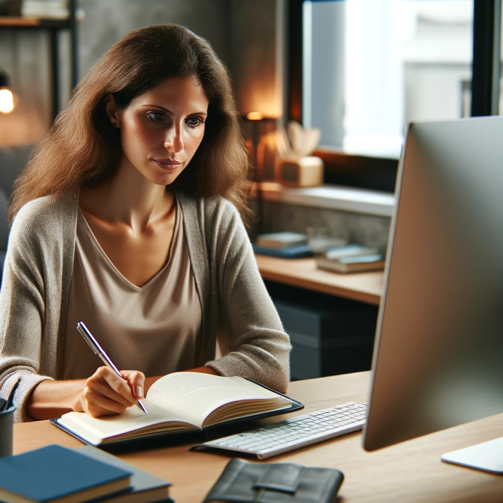 A social worker sitting in front of a computer with a reflection journal close by as part of her studying. The organized and well-lit workspace emphasizes a productive and focused study environment.