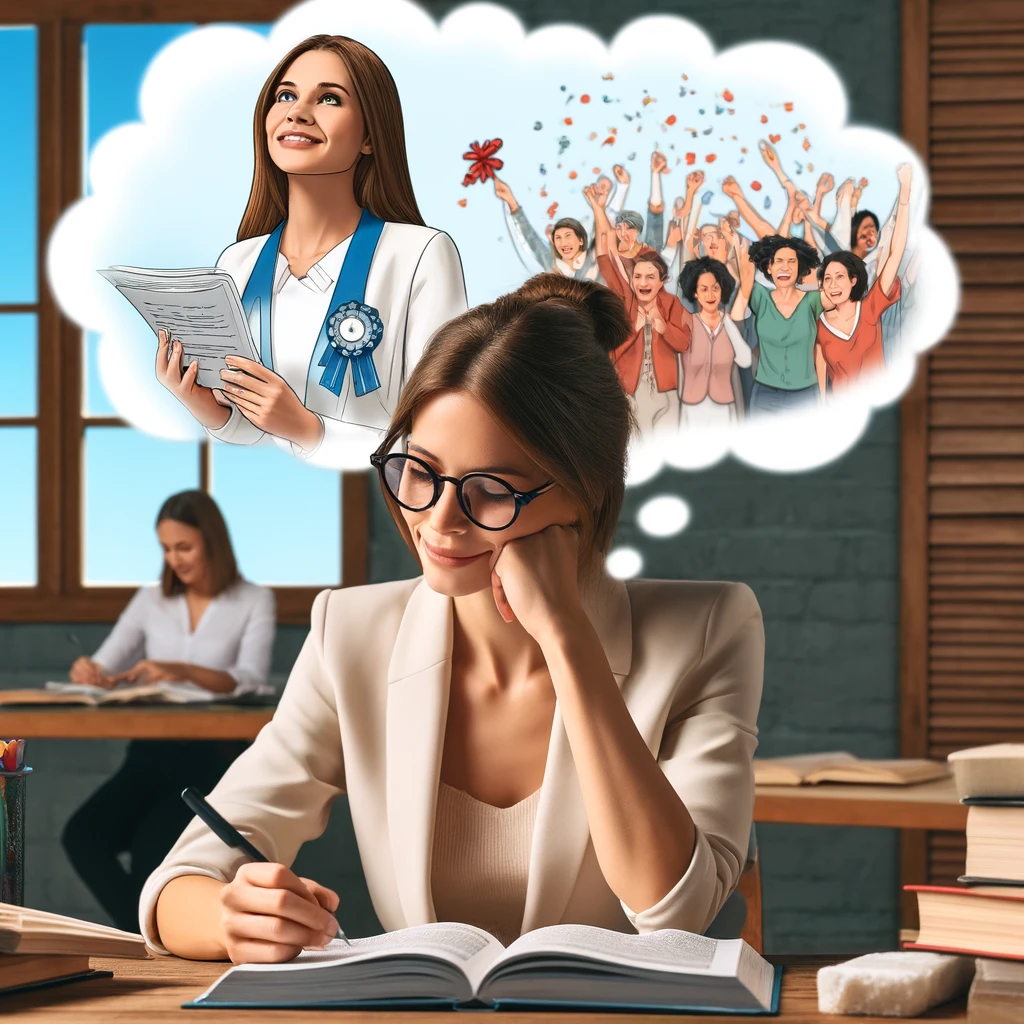A social worker studying, with a thought bubble that shows her visualizing celebrating after passing the exam.