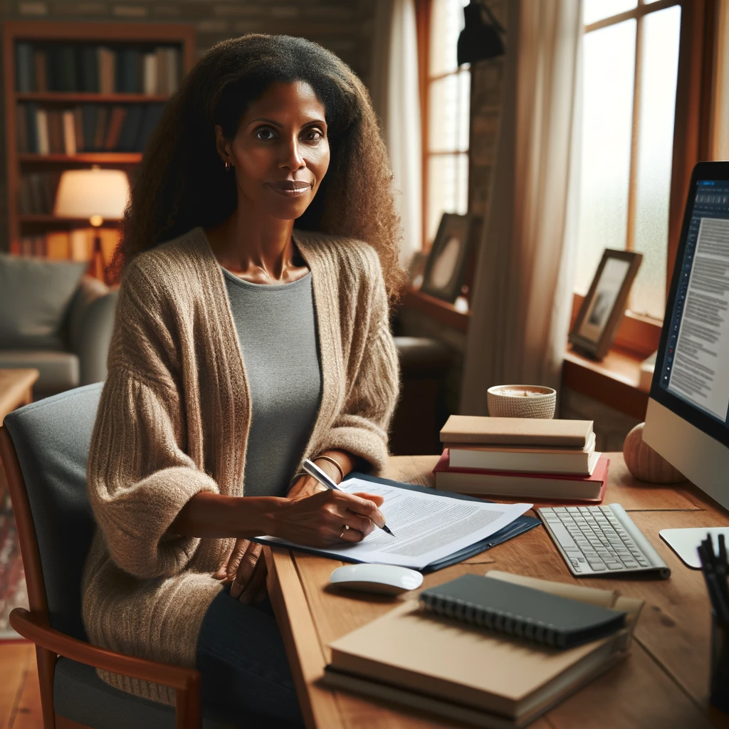 A social worker studying for an exam in a cozy setting, exuding confidence as she prepares.