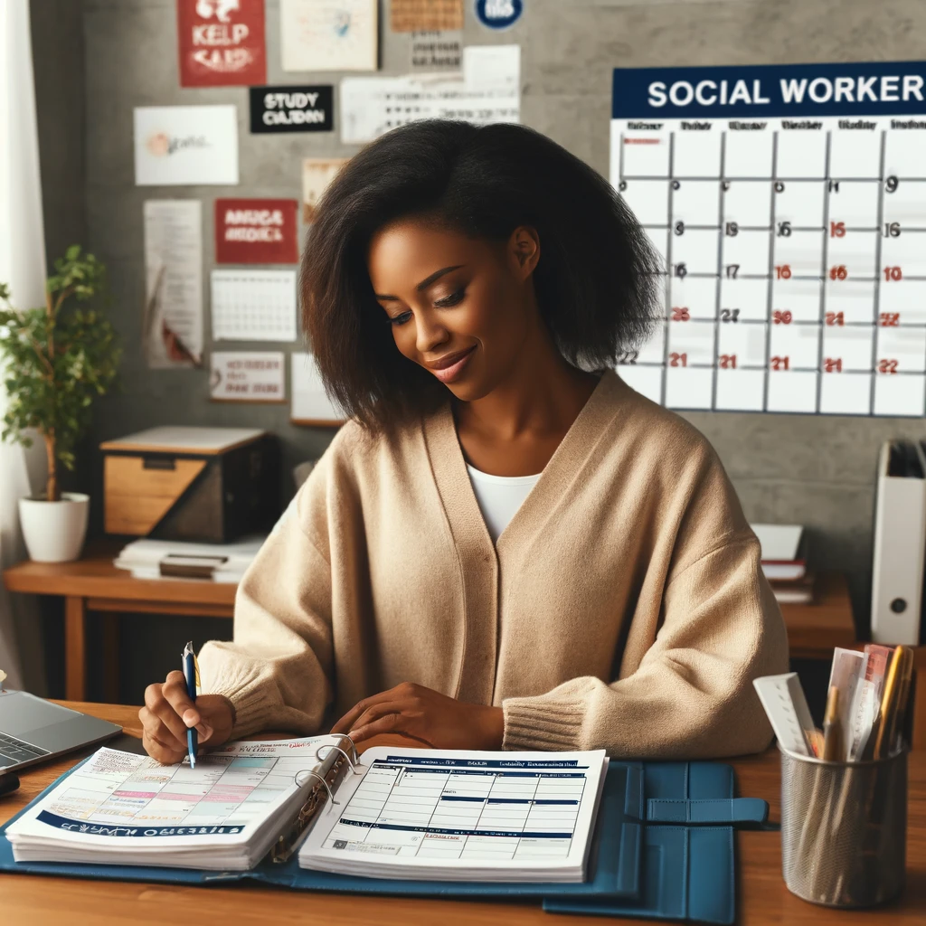 A well-prepared social worker, a Black woman, confidently checking her study calendar and schedule at an organized desk.