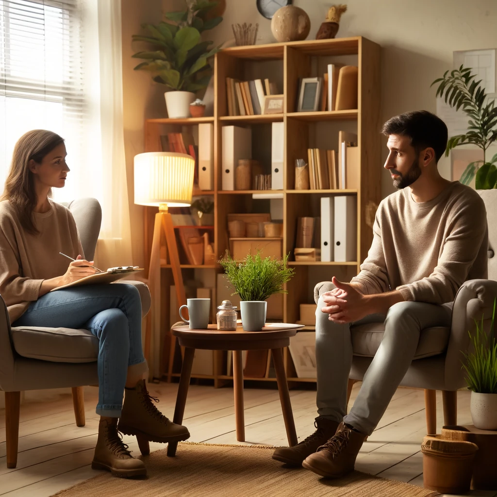 Two social workers sitting in a cozy, warm office having an important conversation in a calm manner. The setting exudes a sense of confidentiality, support, and professional respect.