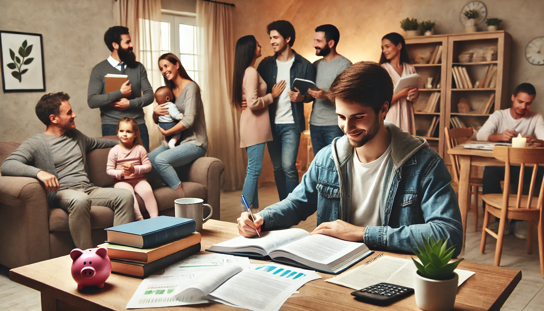 A Social Worker studying for an exam in a cozy environment with their support system of family members, friends, and coworkers visible in the mid-ground or background. The warm and supportive atmosphere is clearly depicted.