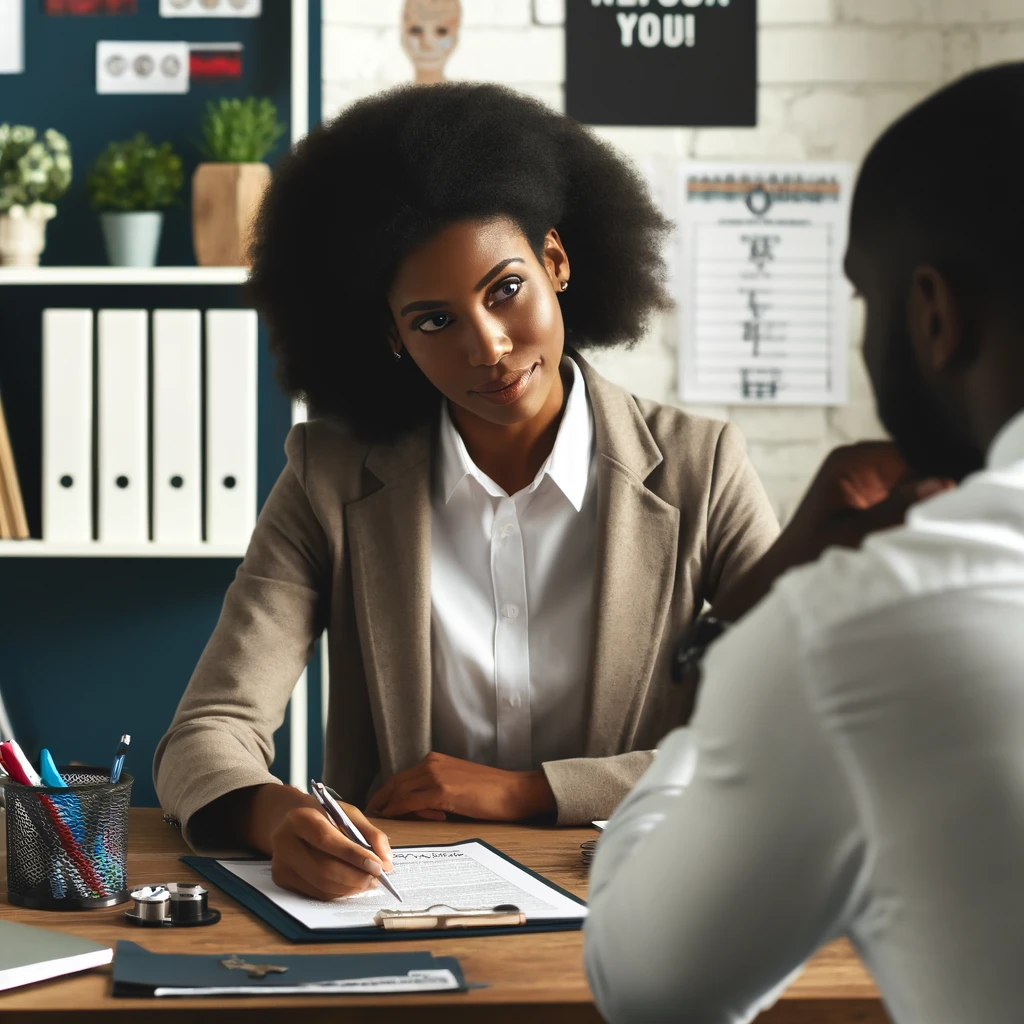 A black female social worker setting goals for her clients, in a professional environment with a thoughtful and engaging demeanor.