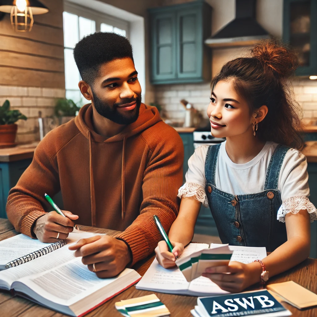 a diverse Social Worker and a family member quizzing each other on study topics for an upcoming exam. The cozy and supportive environment highlights the collaborative effort in exam preparation.