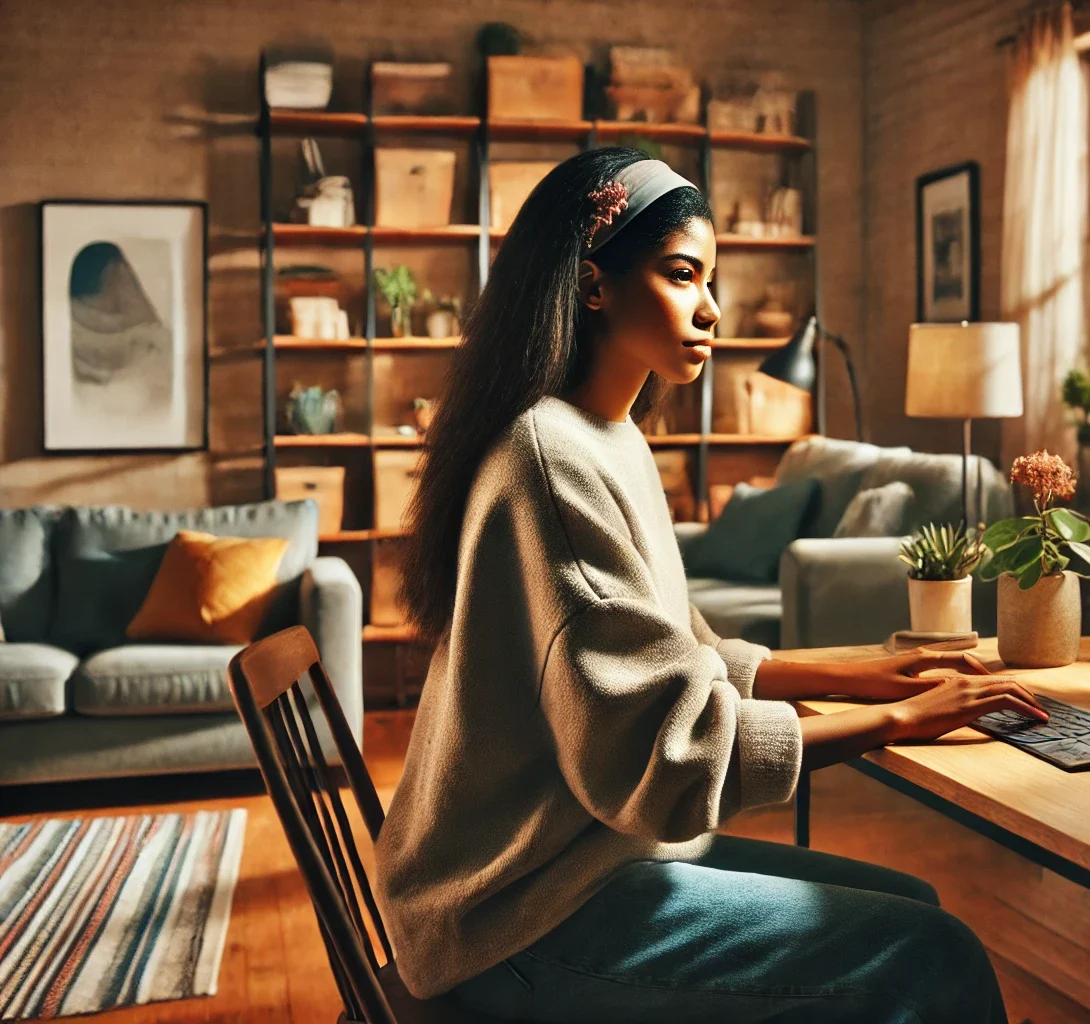 A diverse female in front of a computer filling out an application for accommodations for the ASWB exam in a cozy environment. The image captures the determination and focus in a supportive and inviting home office setup.
