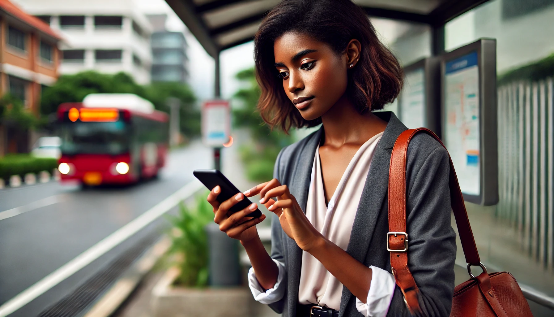A diverse female social worker using a mobile app for studying on the go. The image captures the convenience and flexibility of mobile studying, highlighting her focus and commitment while waiting at a bus stop.