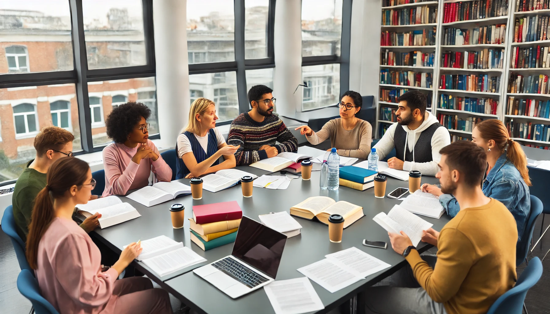 A diverse study group of Social Workers preparing for their ASWB exam in a library environment. The collaborative and focused atmosphere is clearly depicted.