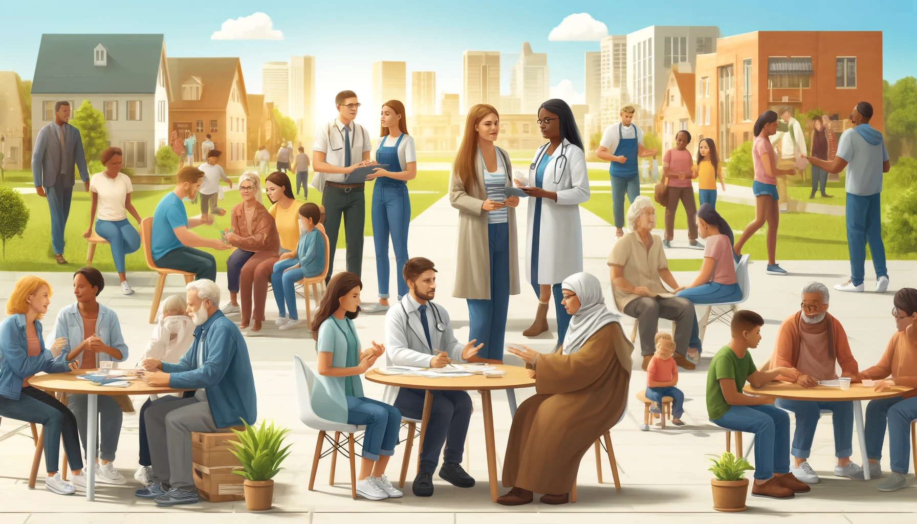 A diverse group of social workers engaging with the community. It depicts social workers of different ethnicities and genders interacting with people of various ages and backgrounds in an urban setting. This vibrant scene captures the essence of community engagement and the important role of Social Workers in various environments.