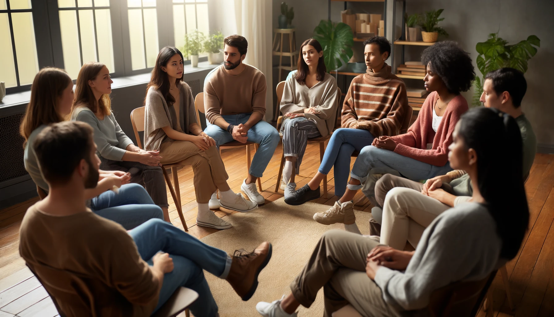 A diverse group of social workers participating in a reflection circle. They are seated in a cozy room with comfortable chairs arranged in a circle, sharing their thoughts and reflecting on their experiences. The atmosphere is warm and supportive, with soft lighting and personal touches like plants and artwork on the walls, creating a collaborative and empathetic environment.