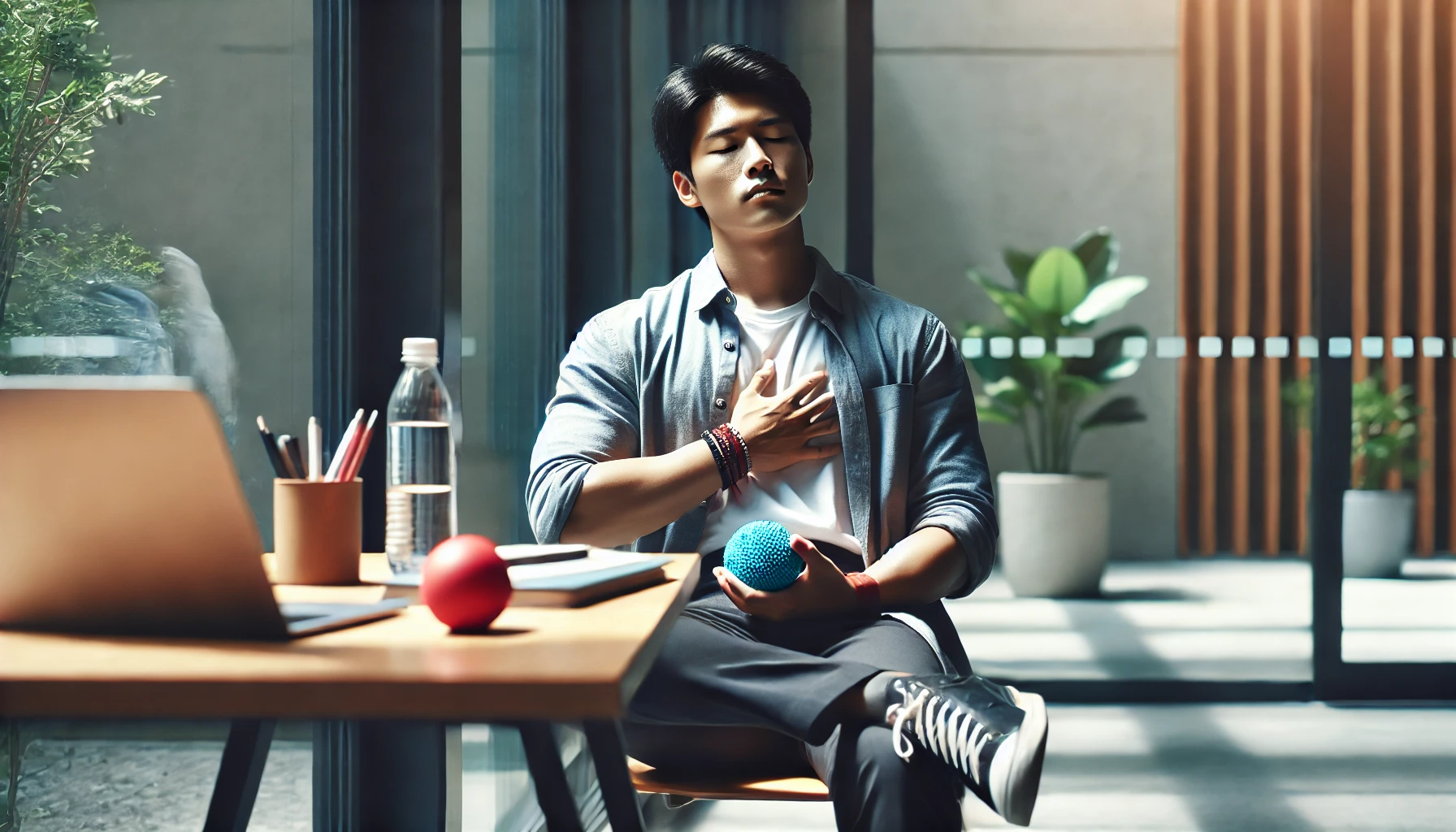 A diverse person taking a break from an exam to recollect themselves and manage fatigue. The image highlights the importance of relaxation and self-care during stressful situations.