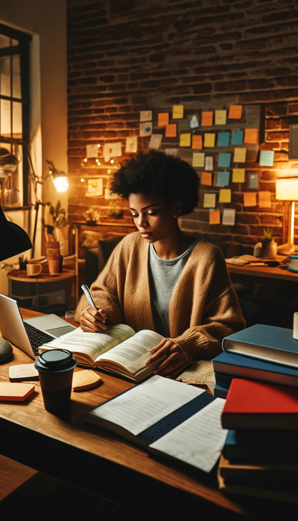 A diverse social worker practicing critical thinking skills while studying for an exam. The setting includes a cozy study room with a desk, a computer, books, and notes scattered around, creating an inviting and studious atmosphere.