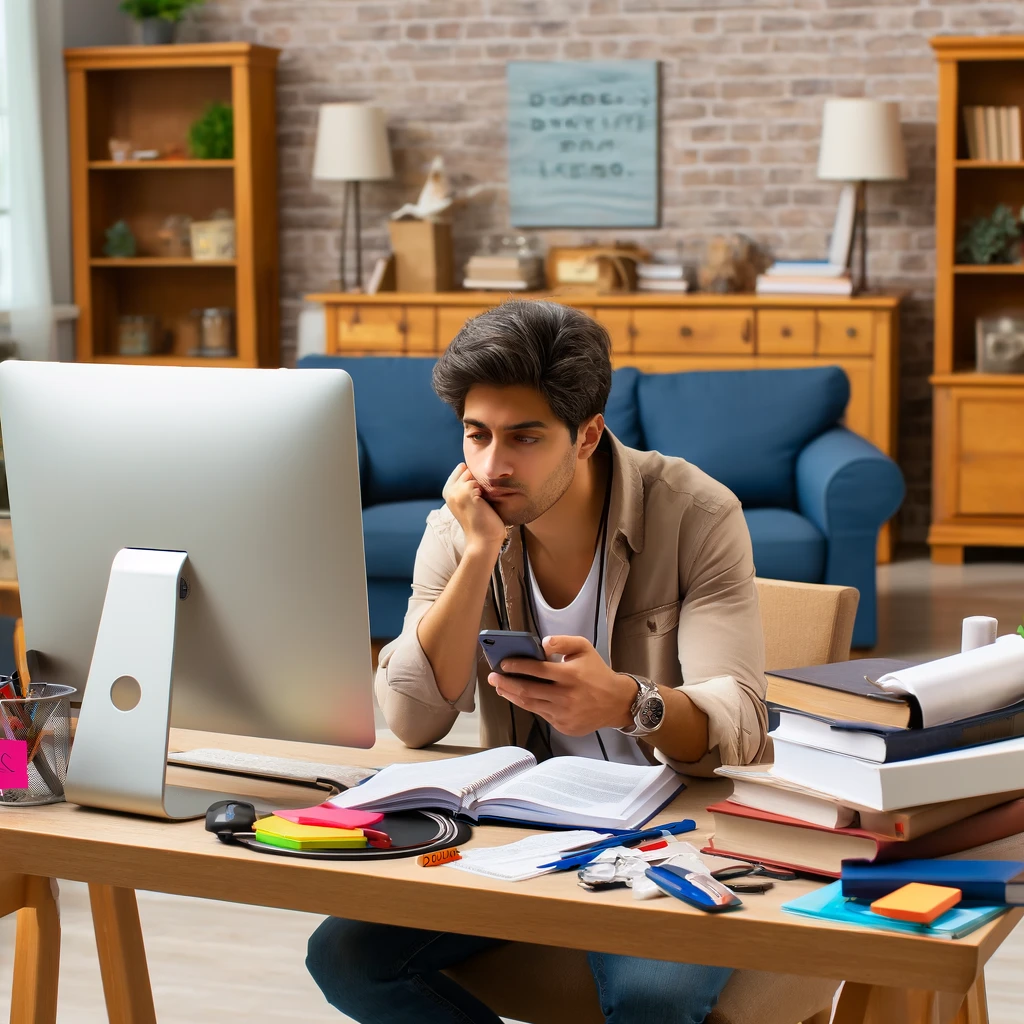 A diverse social worker procrastinating on studying for their licensing exam, showing distraction and a cluttered desk in a relaxed home setting.