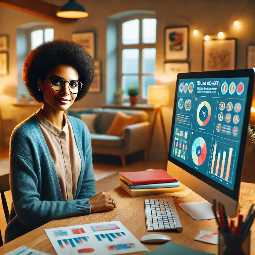 A cozy image of a diverse social worker studying with a visual style in front of a computer: