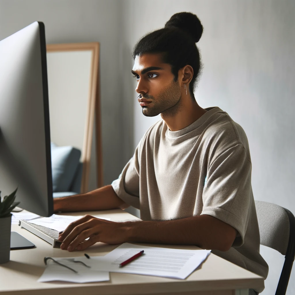 A diverse social worker taking an exam on a computer in a neutral environment, with a focused expression and minimalistic decor, reflecting a serious and professional atmosphere.