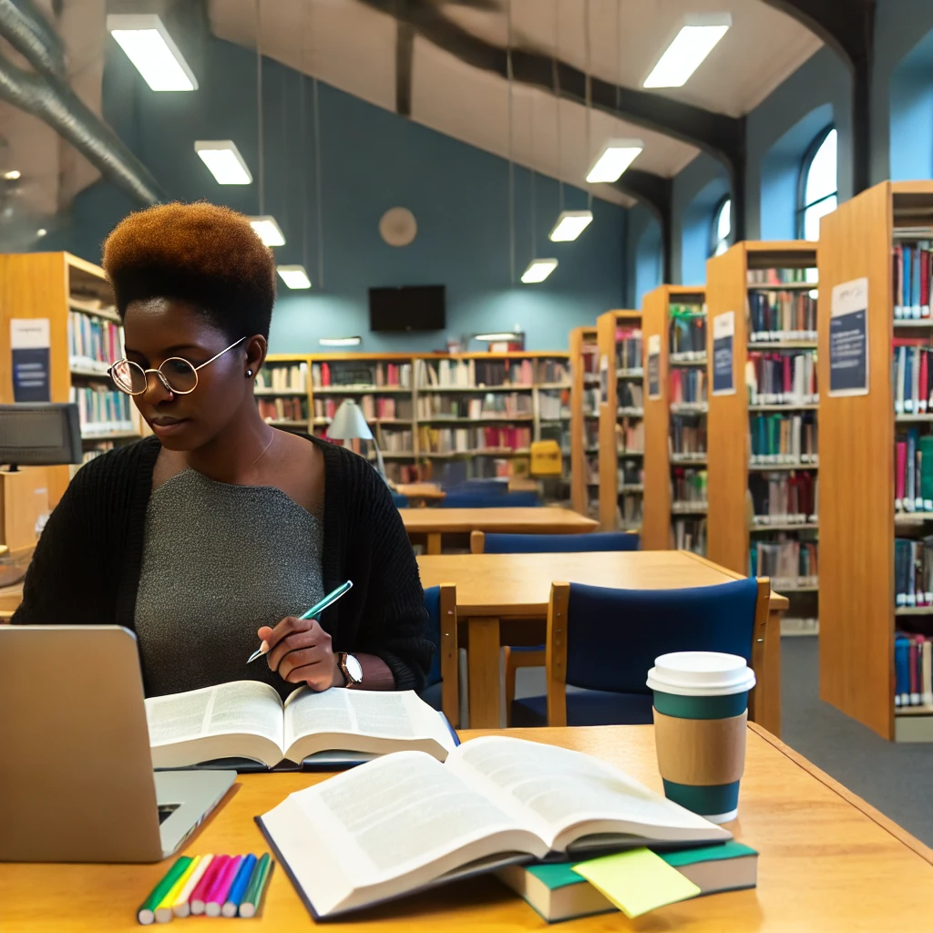 A diverse social worker working on their study goals in a library environment: