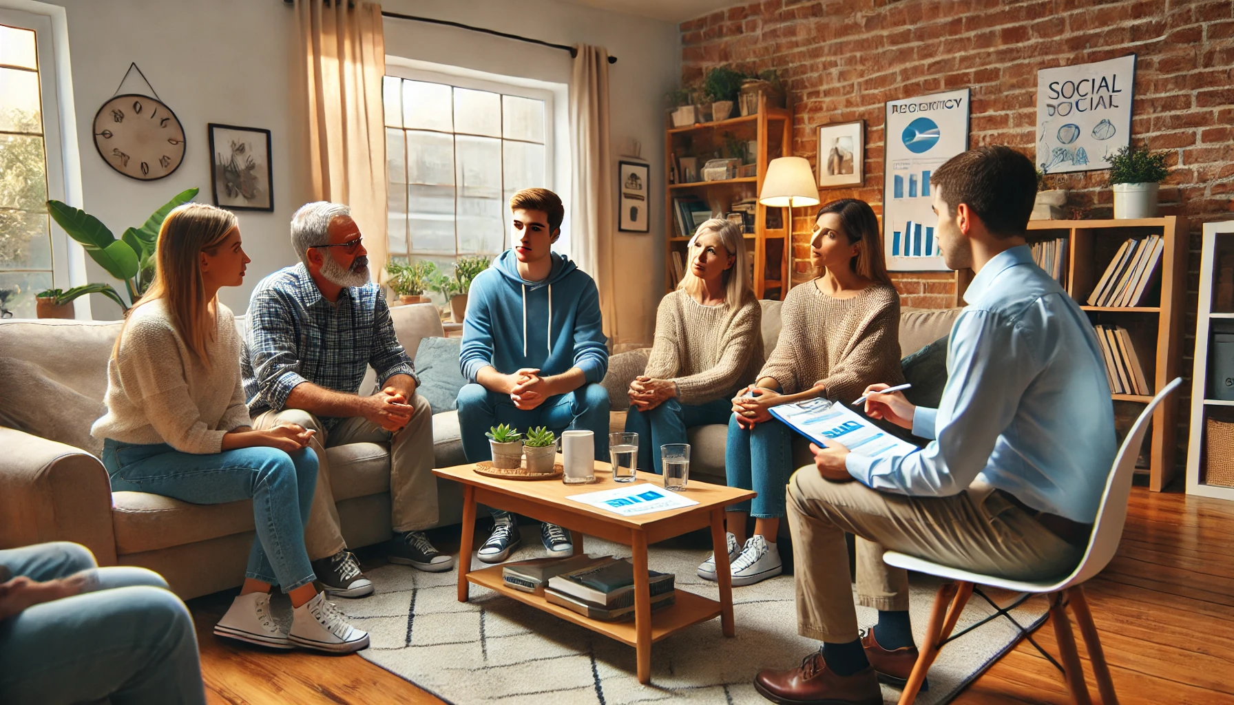 A family gathered in a living room for a weekly check-in. The warm and supportive atmosphere highlights the encouragement and engagement of the family members as they support the Social Worker in preparing for the ASWB exam.
