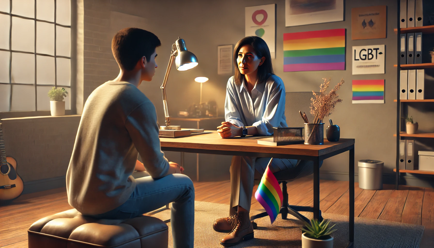 A photorealistic image depicting a diverse Social Worker supporting an LGBTQ+ client in a comfortable and inclusive office setting. The Social Worker is listening attentively, creating a warm and understanding atmosphere, while the client feels at ease. Elements like a rainbow flag and affirming posters emphasize the inclusive environment.