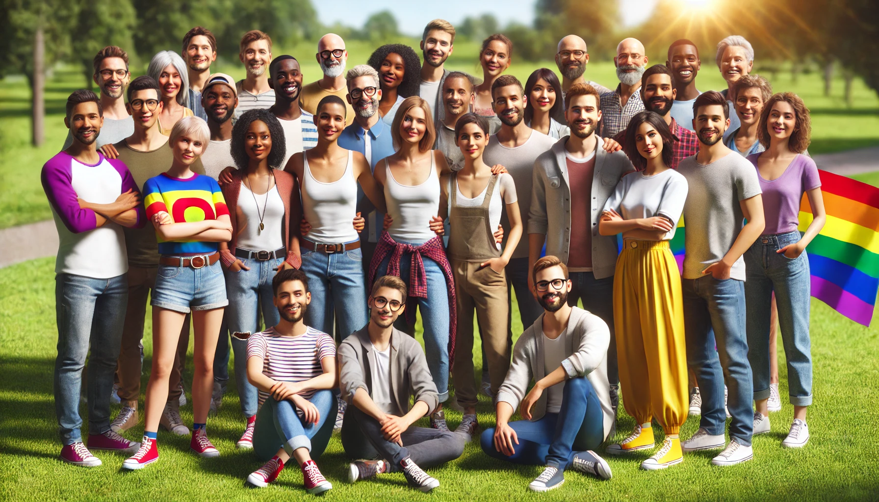 A photorealistic image of a diverse group representing the LGBTQ+ community, set in a sunny park environment. This image captures the positive and supportive atmosphere, showcasing individuals of various backgrounds, ages, and genders.