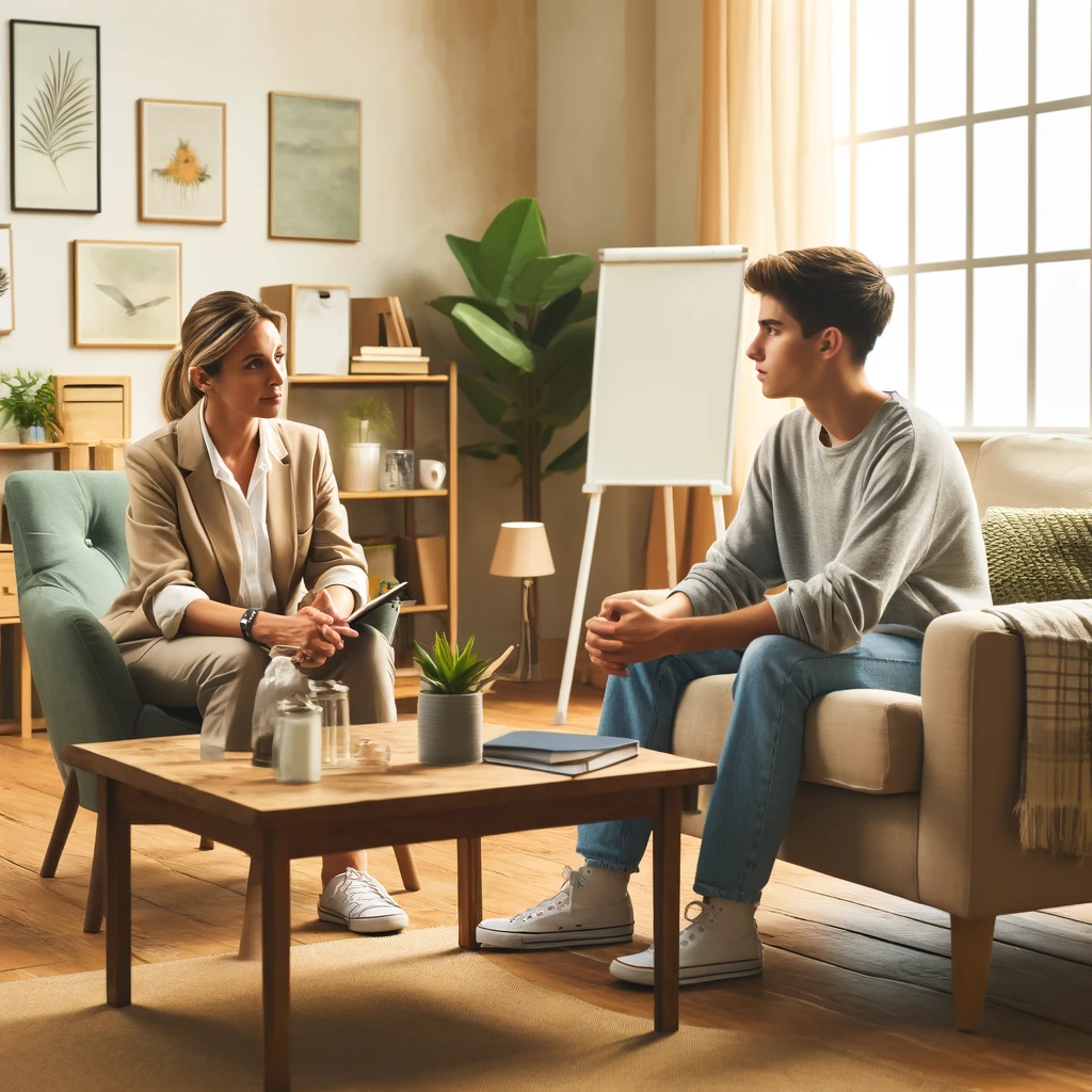 A social worker working with a teen client in a calm, therapeutic office setting. The environment is bright and welcoming, with comfortable seating, plants, and soft lighting, creating a supportive atmosphere for their discussion.