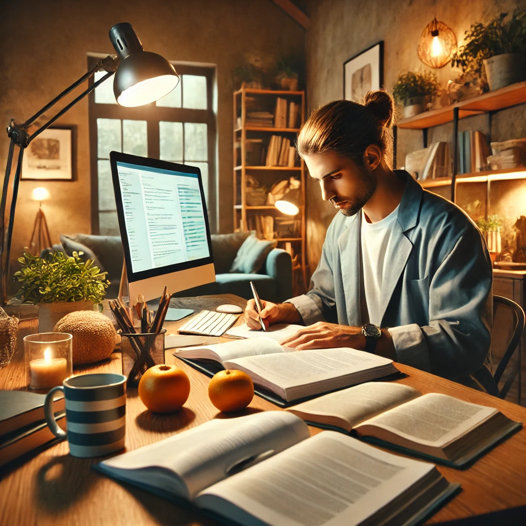 A social worker studying for an exam in a cozy environment. The setting includes a comfortable chair, a desk with study materials, warm lighting, and personal touches like a mug of coffee, plants, and bookshelves, creating a calm and focused atmosphere.
