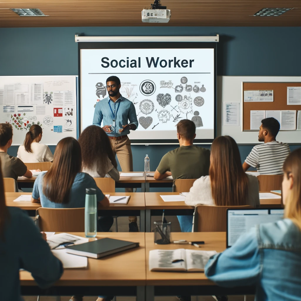 A social worker teaching in an academic setting.